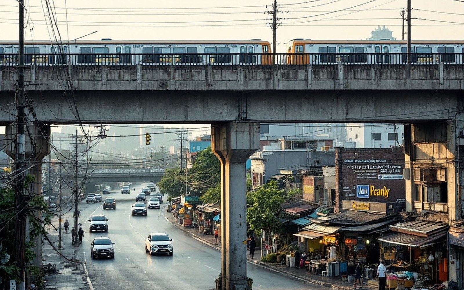 An elevated railway platform above a busy avenue
